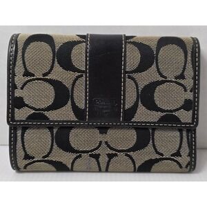 Vintage Coach Black Gray Signature Trifold Wallet Leather Trim Preowned